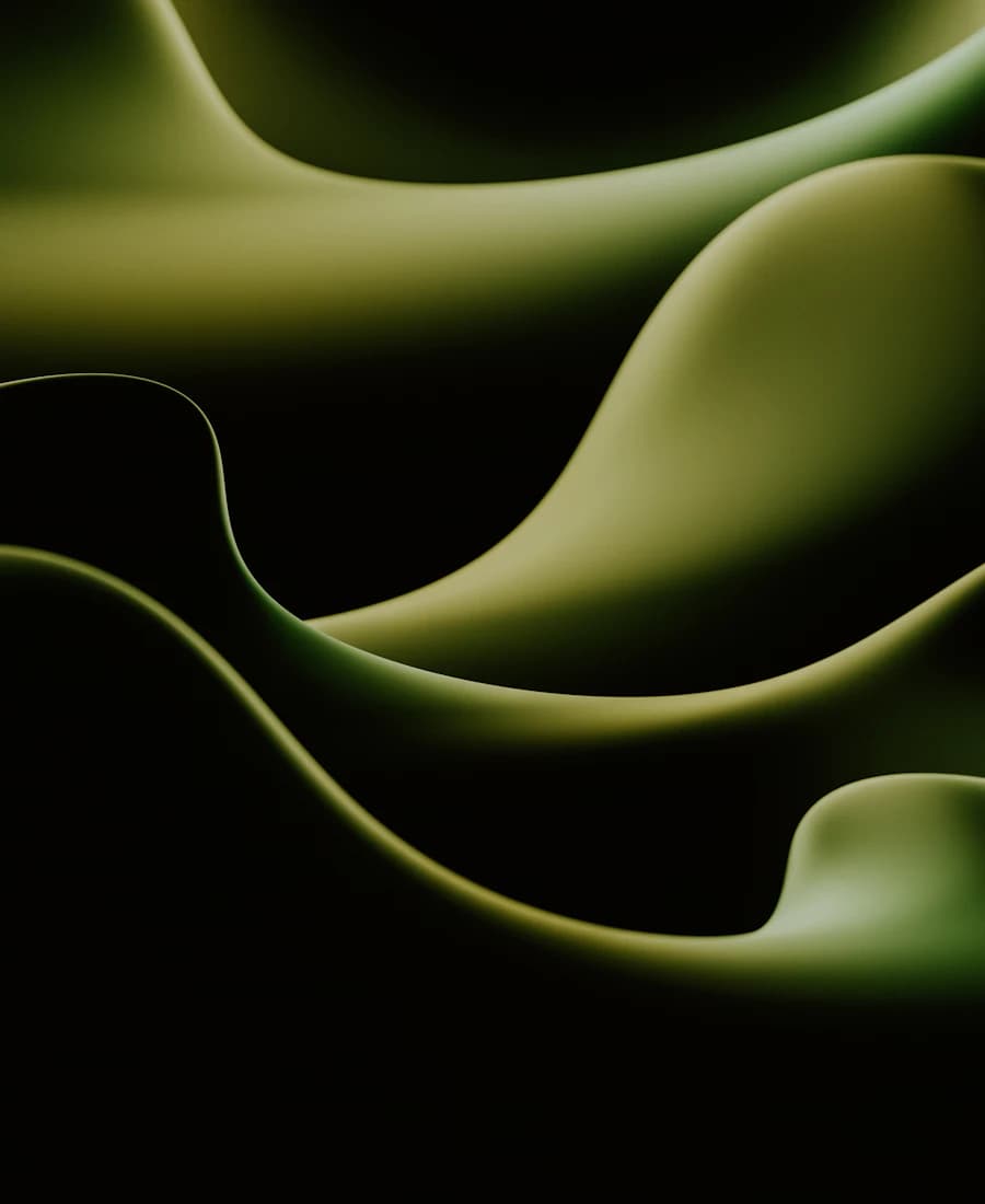 Abstract layers of green light curving through darkness